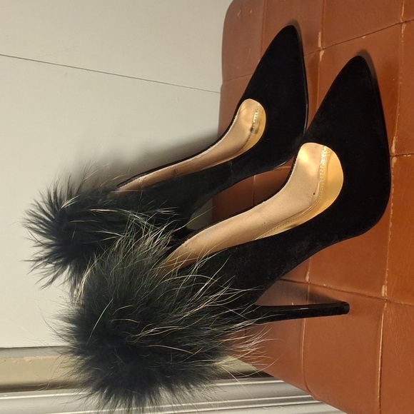 stiletto Shoes - Black Fur-Trim Velvet High Heel Pumps - Women's Elegant Evening Shoes